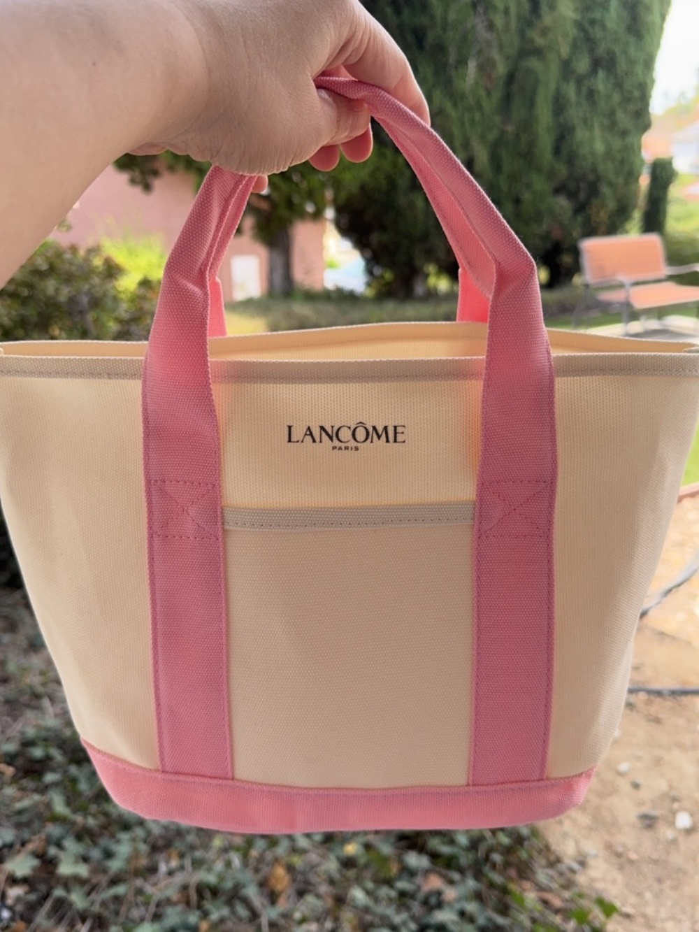 Lancôme Pink & Cream Canvas Mini Tote Bag - Summer Handbag (14" x 8" x 6")